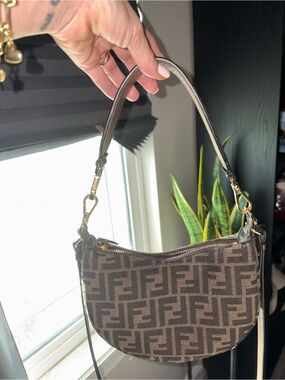 Fendi Brown Monogram Crescent Shoulder Bag with Gold Hardware